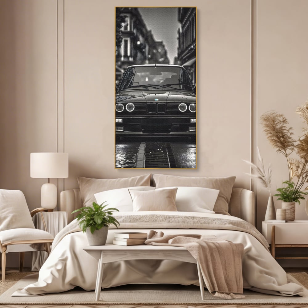 Tablou canvas cu tablou canvas cu masina bmw clasica, in rama de aluminiu auriu, pe perete intr-un dormitor